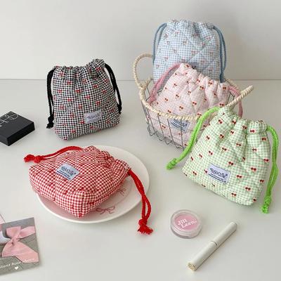 Cute Girl Cartoon Drawstring Makeup Bag Student Cherry Print Toiletry Pouch Travel Portable Cosmetic Storage Bag