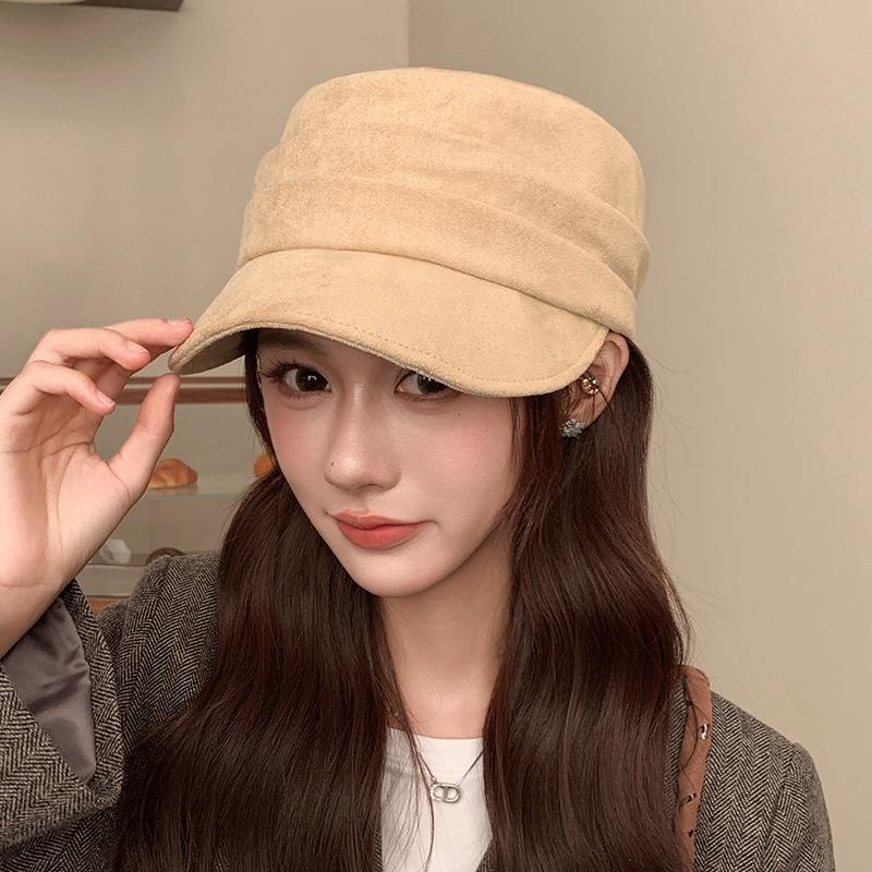 Retro Pleated Suede Flat-top Equestrian Hat for Women In Autumn and Winter Newsboy Hat Versatile Face Showing Small Duck Tongue Beret