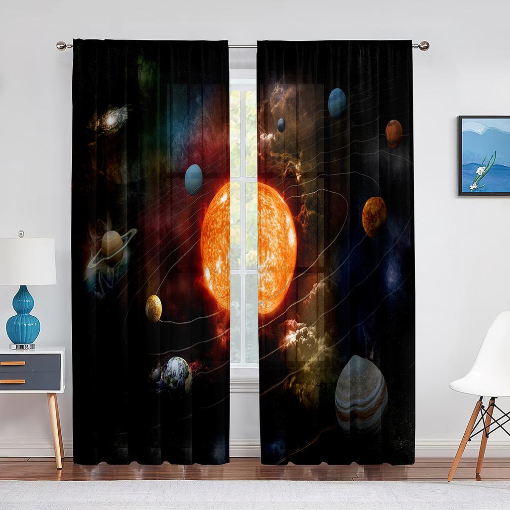 Solar System Outer Space Sheer Voile Curtain for Living Room Bedroom Decor Planet Galaxy Glitter Fantasy Window Tulle Curtains