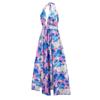 Casual Halter Sleeveless Sexy Dress Blue V-neck Lace-up Beach Dress Summer Flower Printed Long Slit Dress Women Clothing 25231