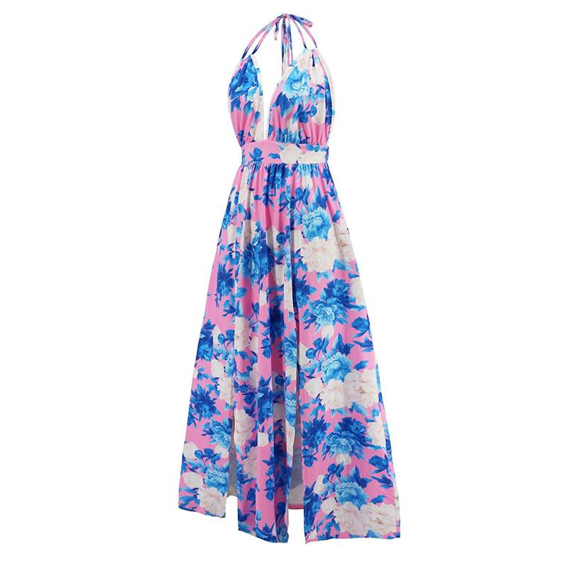 Casual Halter Sleeveless Sexy Dress Blue V-neck Lace-up Beach Dress Summer Flower Printed Long Slit Dress Women Clothing 25231