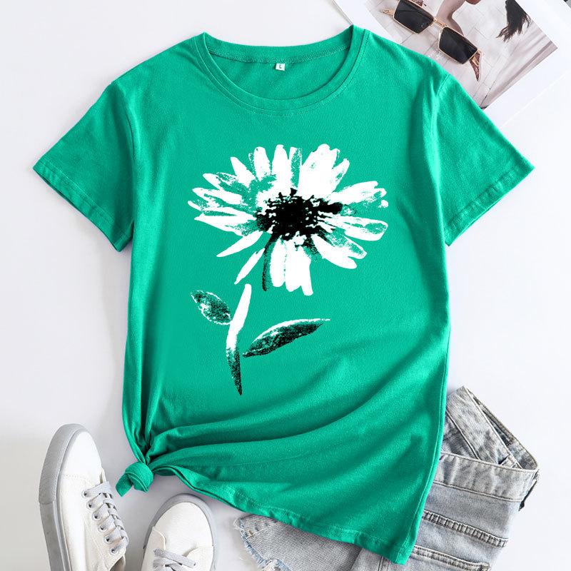 Summer Round Neck Floral Print Top Fashionable Casual Short Sleeved Women's Pure Cotton T-shirt