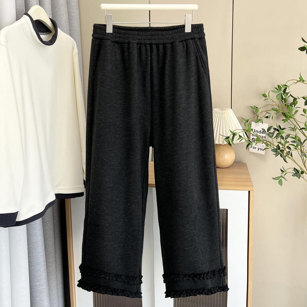 Plus Size Women Winter Fleece Thickened Lace Hem Wide Leg Casual Pants