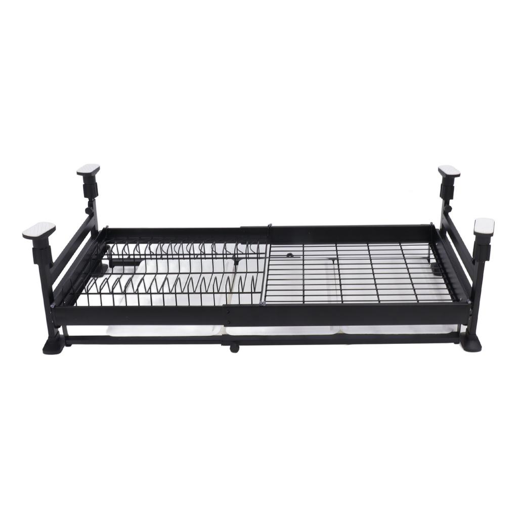 2 Tier Large Dish Rack Pull Out Double Layer Dish Drying Rack with Drain Tray for Kitchen Black