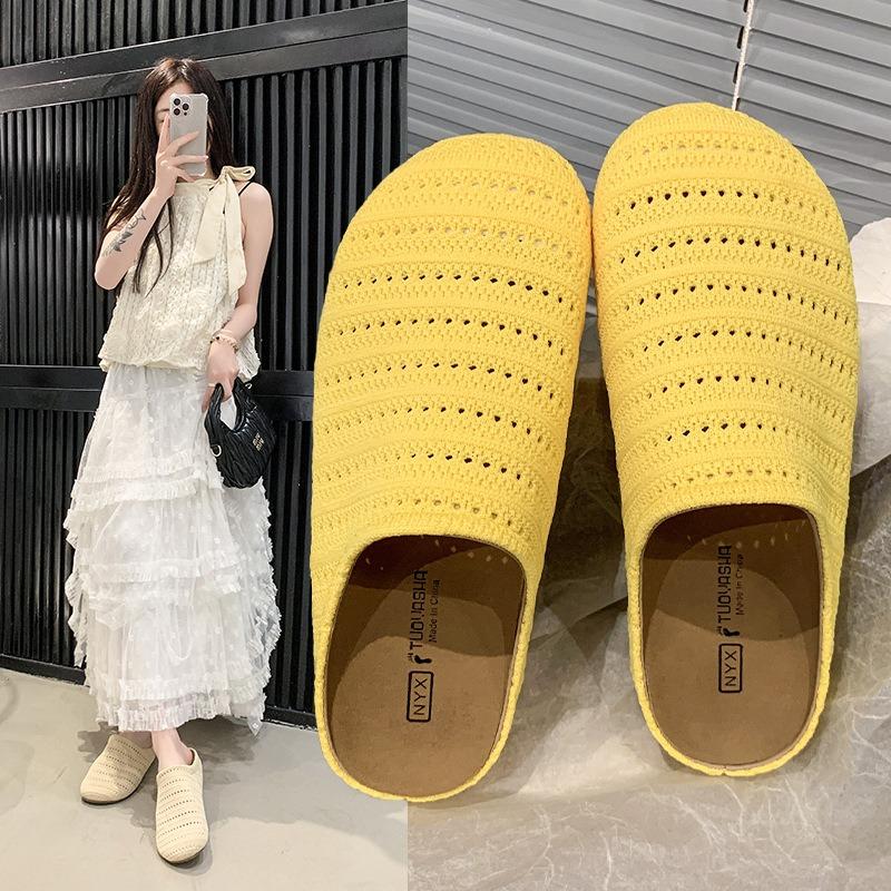 Flat-bottomed bag head slippers women's outer wear summer new fashion hollow fabric lazy one-footed cool slippers women