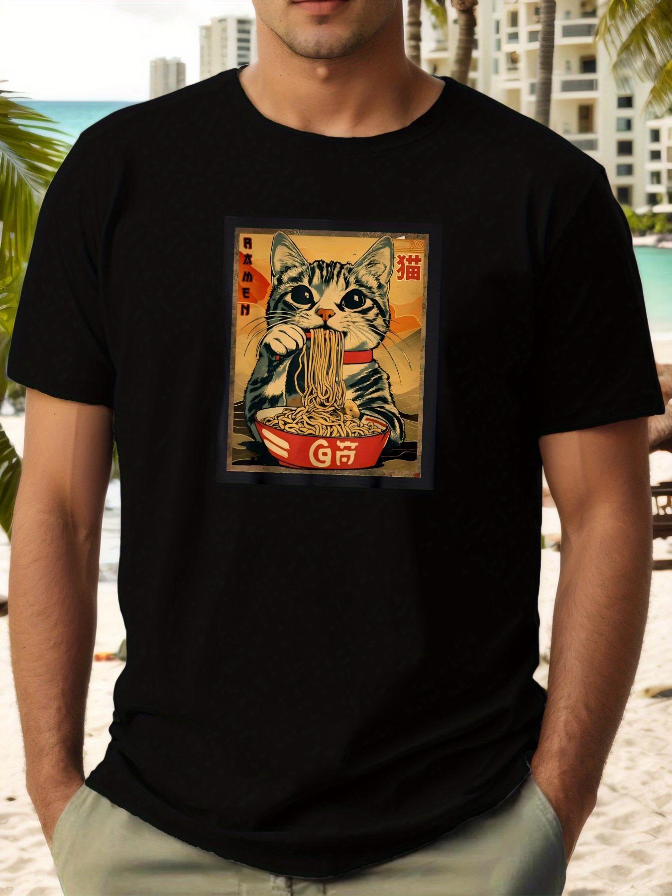 Japanese-Inspired Cat Eating Ramen Graphic T-shirt - Vibrant Blue Summer Casual Short Sleeve Tee with Playful Print XXXXL