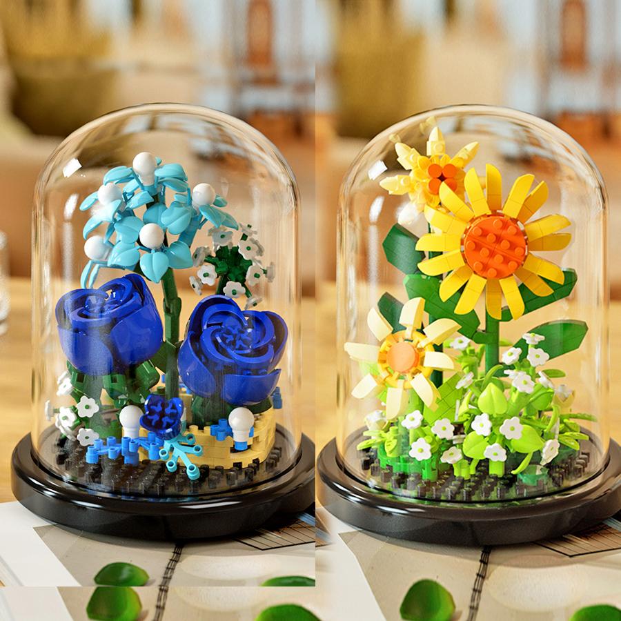 Potted Succulent Building Block Bouquet Desktop Plant Ornament with Dust Cover, Rose Sunflower Assembly Toy, Christmas Gift