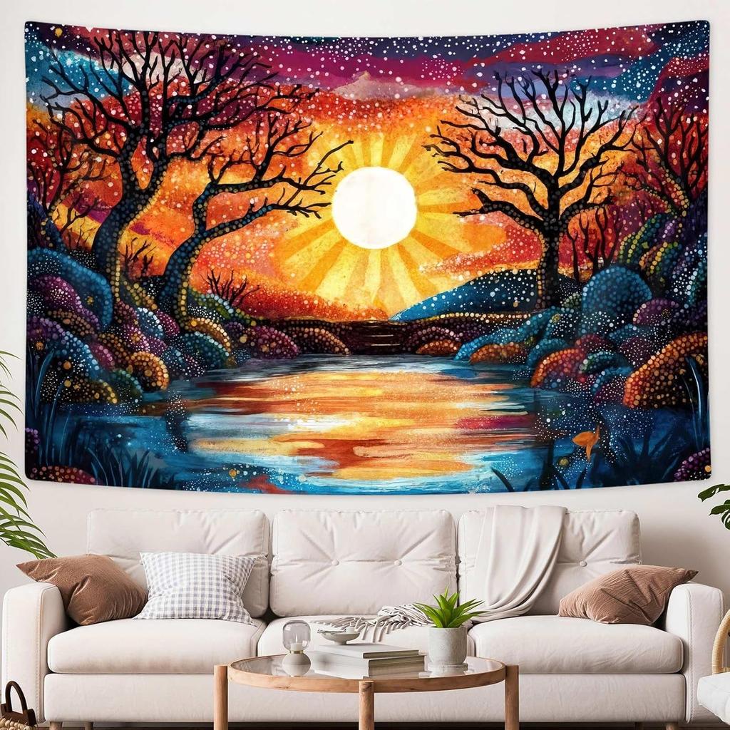 Mid Century Modern Abstracte Kunst Wandkleed, Minimalistisch Salieplant Zon Retro Boho Wandkleed, Geel Wit Bruin Geometrisch