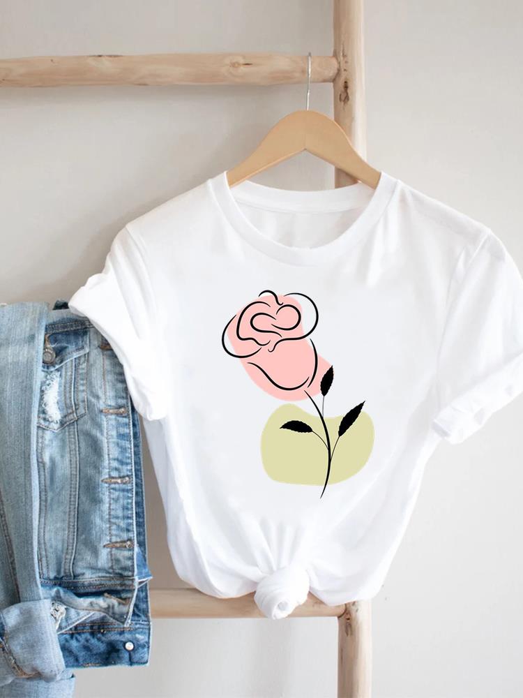 

Sweet Flower Cute Ladies Casual Top Women Female Print White T Shirt Short Sleeve Tee Clothing Fashion Graphic T-Shirt XXL