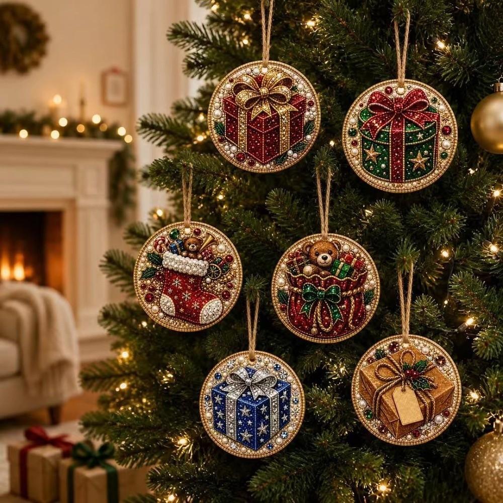 6Pcs Wooden Base Wooden Christmas Ornaments Set Art Xmas Hanging Decor Wall Decoration