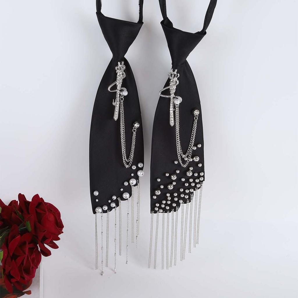 Geometric Black Satin Tie With Crown Chain Pearl Tassels For Business And Party Wear
