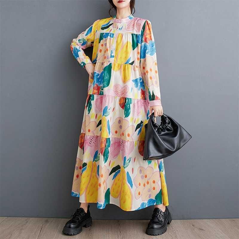 New Large Size Loose Thin Fashion Long-sleeved Printed Mid-length Dresses