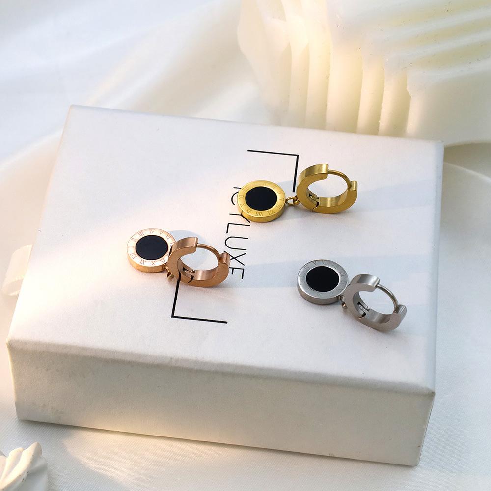 Accessories Titanium Steel Roman Numbers Ear Buckles Women'S Non-Fading Personality Fashion Round Pendant Earrings Premium Sense