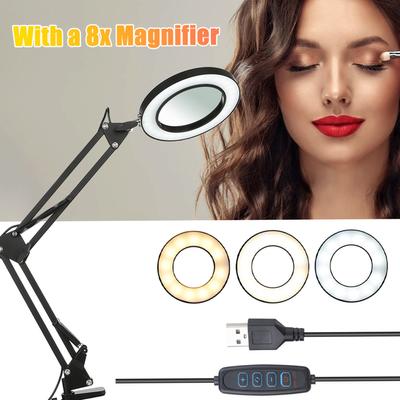 Tomshine Flexible Clamp-on Table Lamp with 8x Magnifier Swing Arm Dimmable LEDs Desk Light 3 Color
