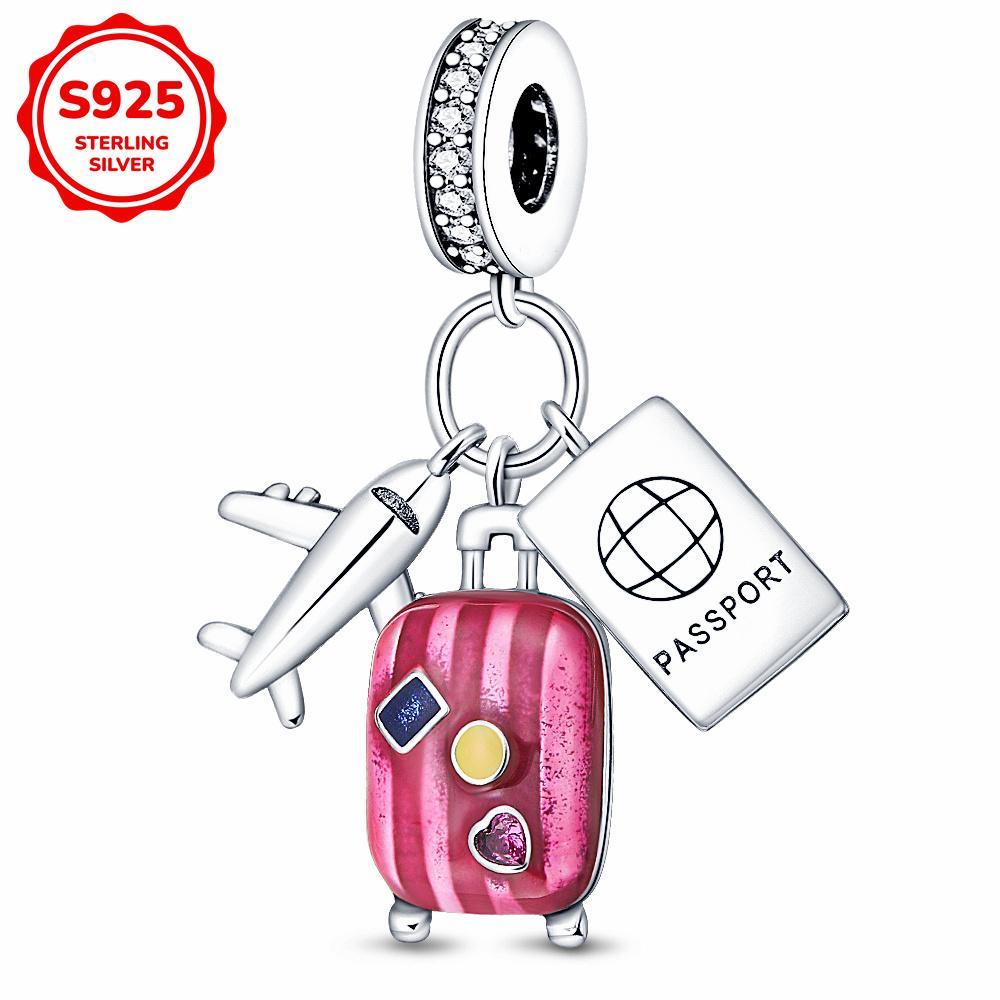 925 Silver travel Airplane and luggage Charms Beads Fits 3mm Bracelet Necklace DIY Women Jewelry Gifts