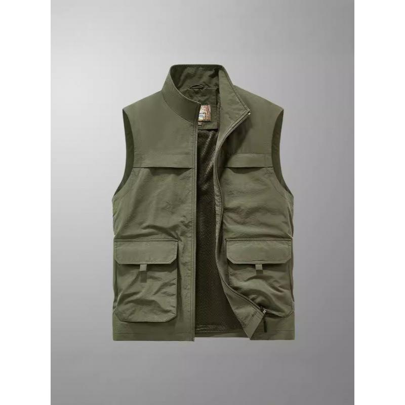 Four Seasons Men's Vest Thin Dad Sleeveless Stand-Up Collar Multi-Pocket Quick-Drying Vest Large Size Vest