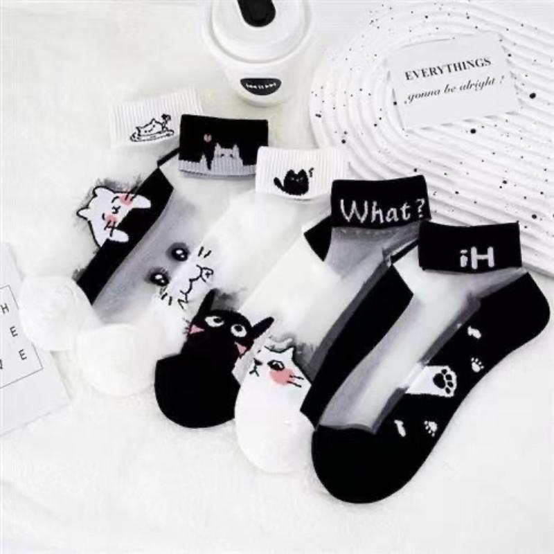 5Pairs/Lot Summer Socks Black And White Cat Glass Silk Breathable Female Socks Simple Short Socks