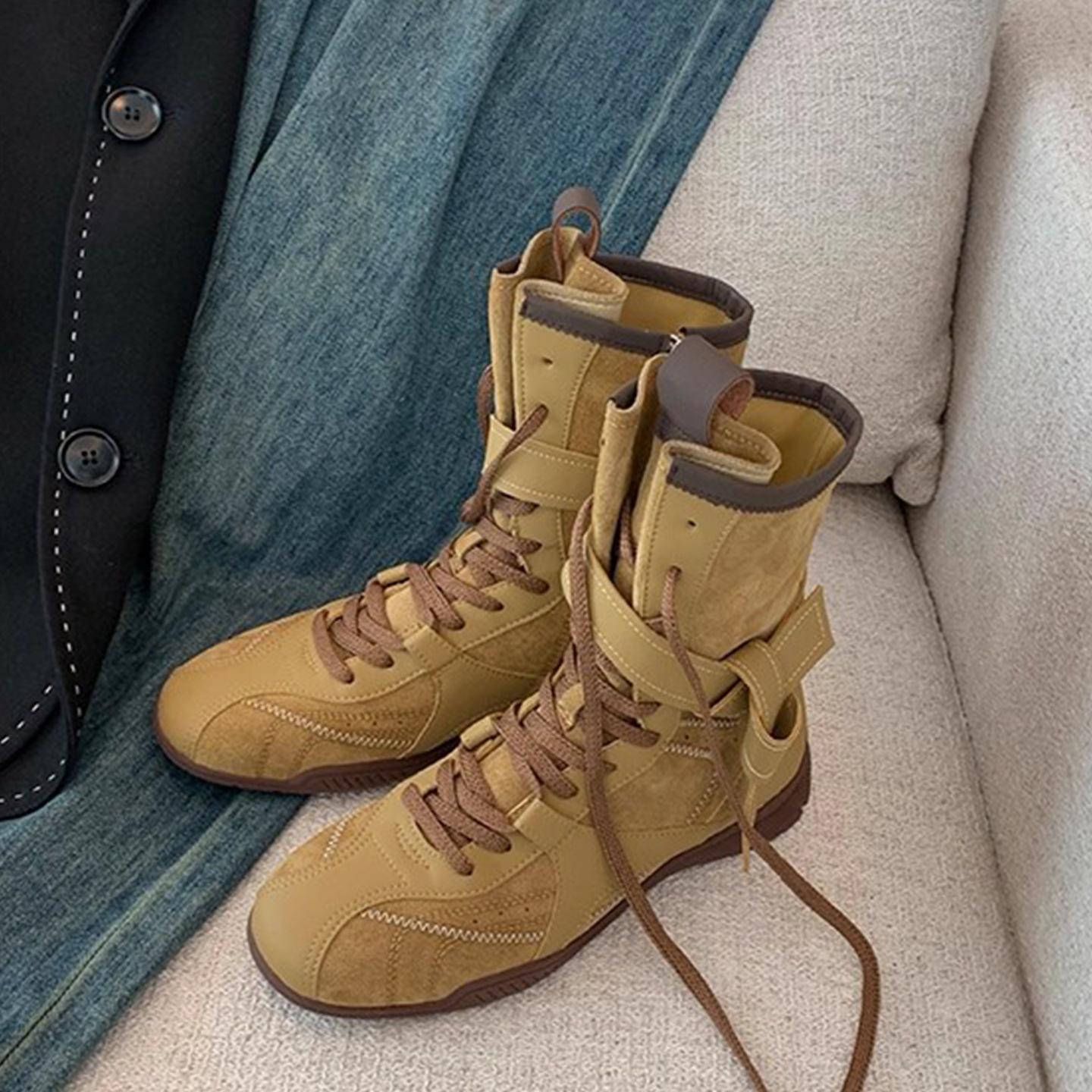 Ретро кожаные боксерские ботинки женские осень 2025 новые британский стиль ботинки Мартина платформа Майя миди короткие ботинки 35 жёлтый