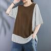 Cotton and Linen Plus Size Women's Fake Two-piece Striped Shirt Summer Fashion Stitching Vertical Striped Bat Sleeve Top