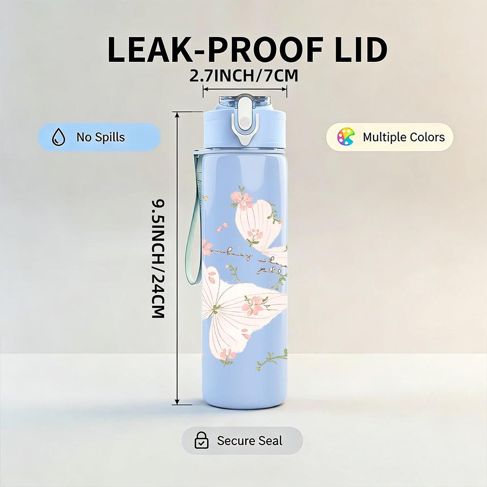 1PC Soft Pink Cherry Blossom Floral Print 750ml Color Plastic Sports Water Bottle Leakproof Flip Straw Lid Suitable for Sports Office Home Use