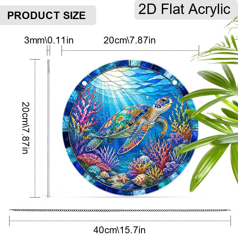 2D Flat Acrylic Blue Sea Turtle Suncatcher Decorative Hanging Ornament, 7.87/11.81inches Summer Underwater World Coral Turtle Design Window Hanging