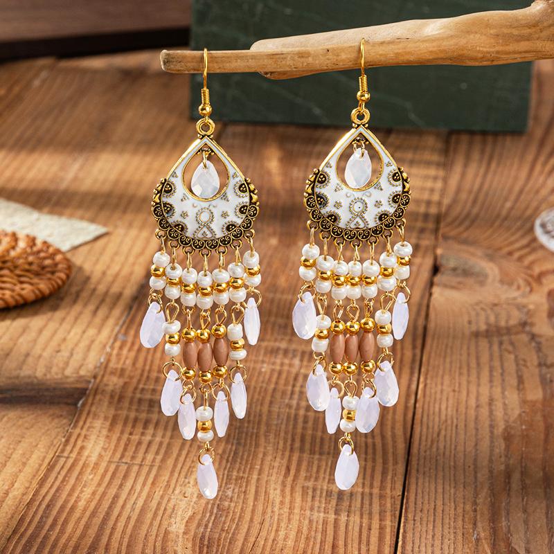 Bohemian Ethnic Style Earrings for Women Long Vintage Drop Glaze Rice Bead Water Drop Earrings Vacation Party Wedding Jewelry