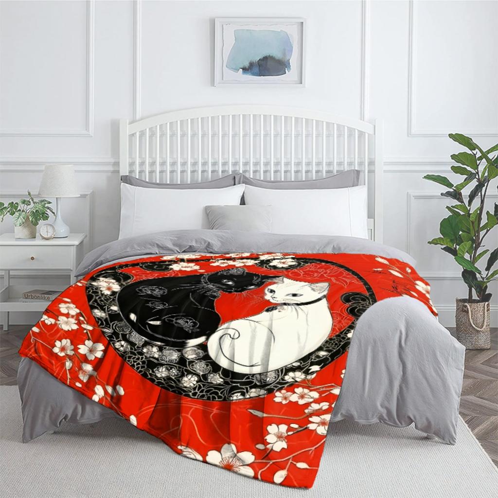 Yin yang black and white cats cherry blossom red background blanket Japanese style art soft flannel throw for bedroom decor