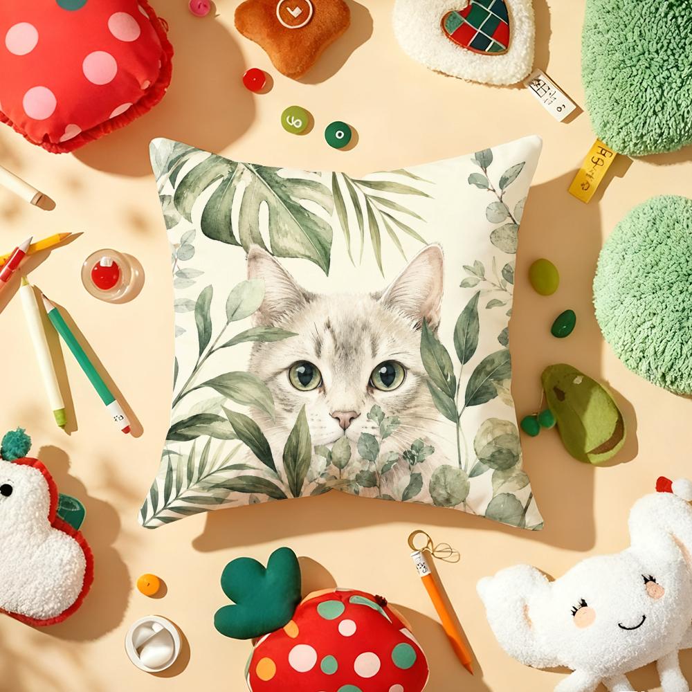 Tropical Jungle Flora Cat Cushion Cover Soft Short Plush DoubleSided Printing Home Decor Machine Washable Pillow Case Gift