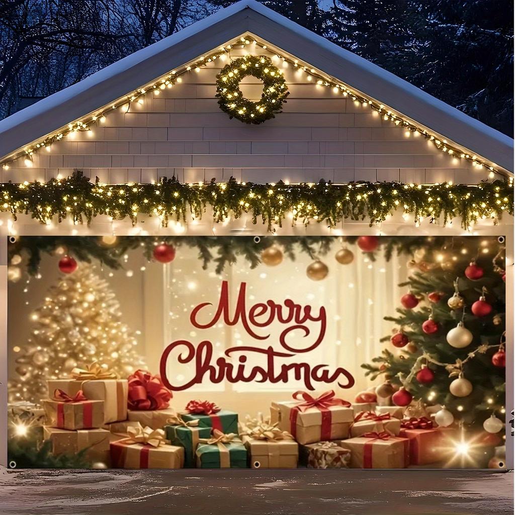 1pc oversized Christmas garage door cover Christmas background with Christmas tree gifts and lights