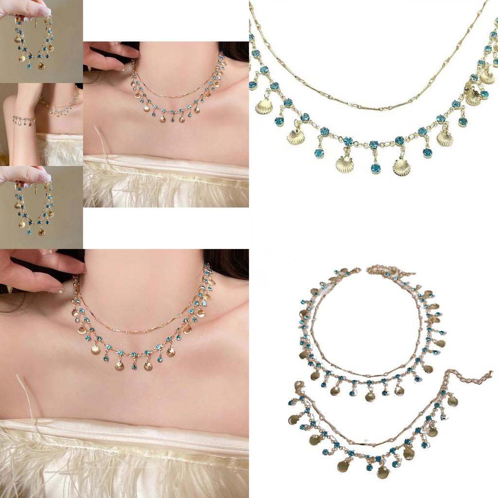 Artistic Blue Shell Necklace With Zircon Elements Exquisite Geometric Design For Women