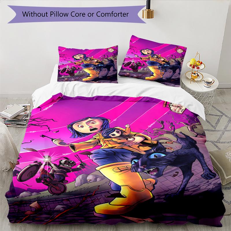 3pcs Coraline (7) Design Cover Set - HD Printed Bedding with 1 Cover and 2 Pillowcases - Perfect for Home and Dorm Decor