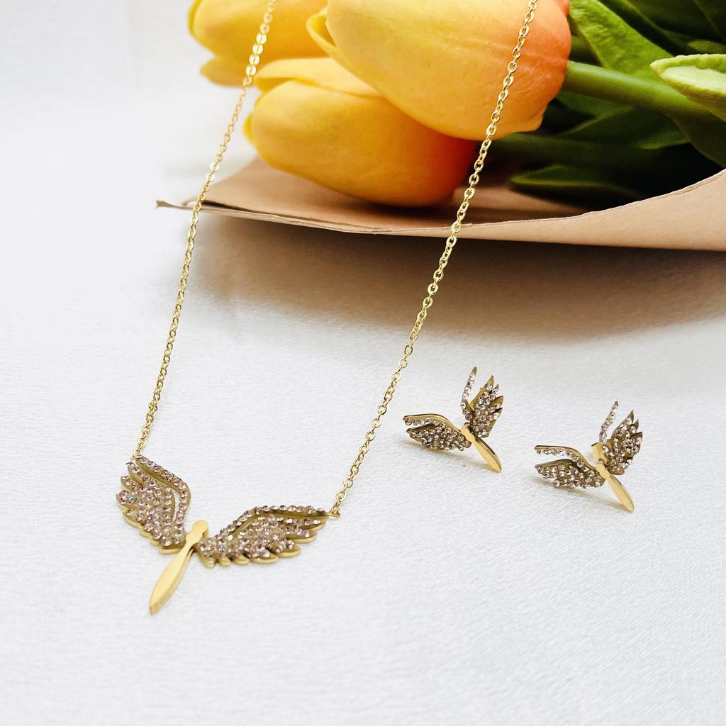 hc Fashion Design Stainless Steel Necklaces Set 18k Gold Plated Micro Zircon Angel wings Pendant Necklace Fine Jewelry