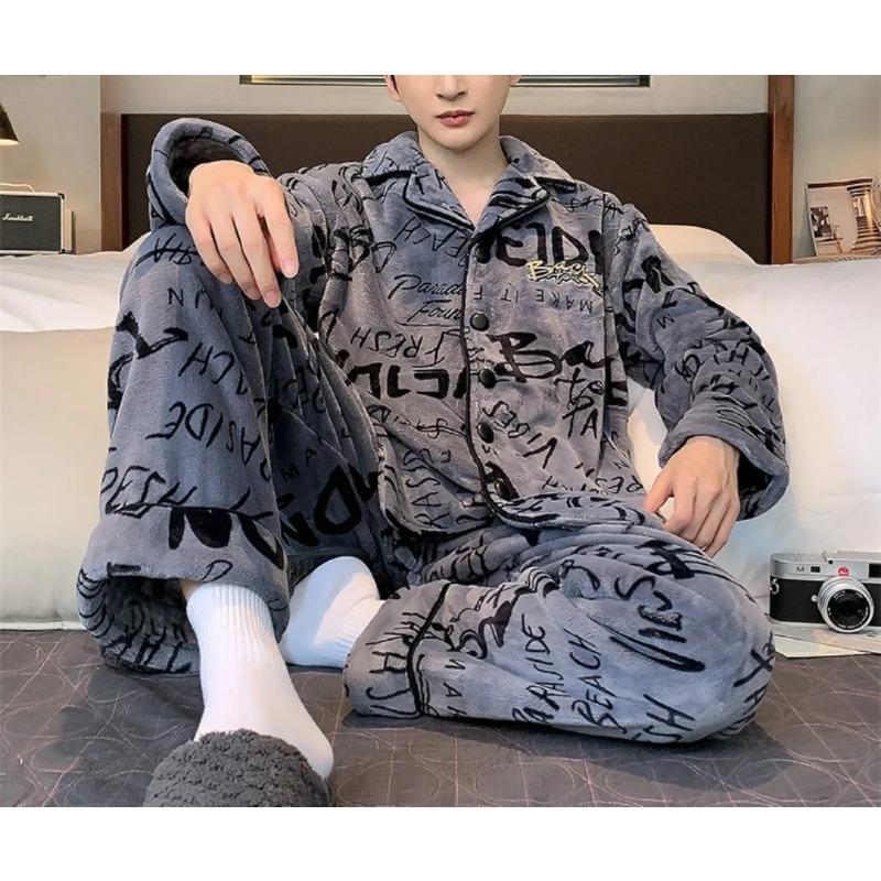 Men's Winter Thickened Flannel Pajama Sets Lapel Fluffy Coat + Long Pants Sleepwear 2 Pieces Male Soft Warm Housewear