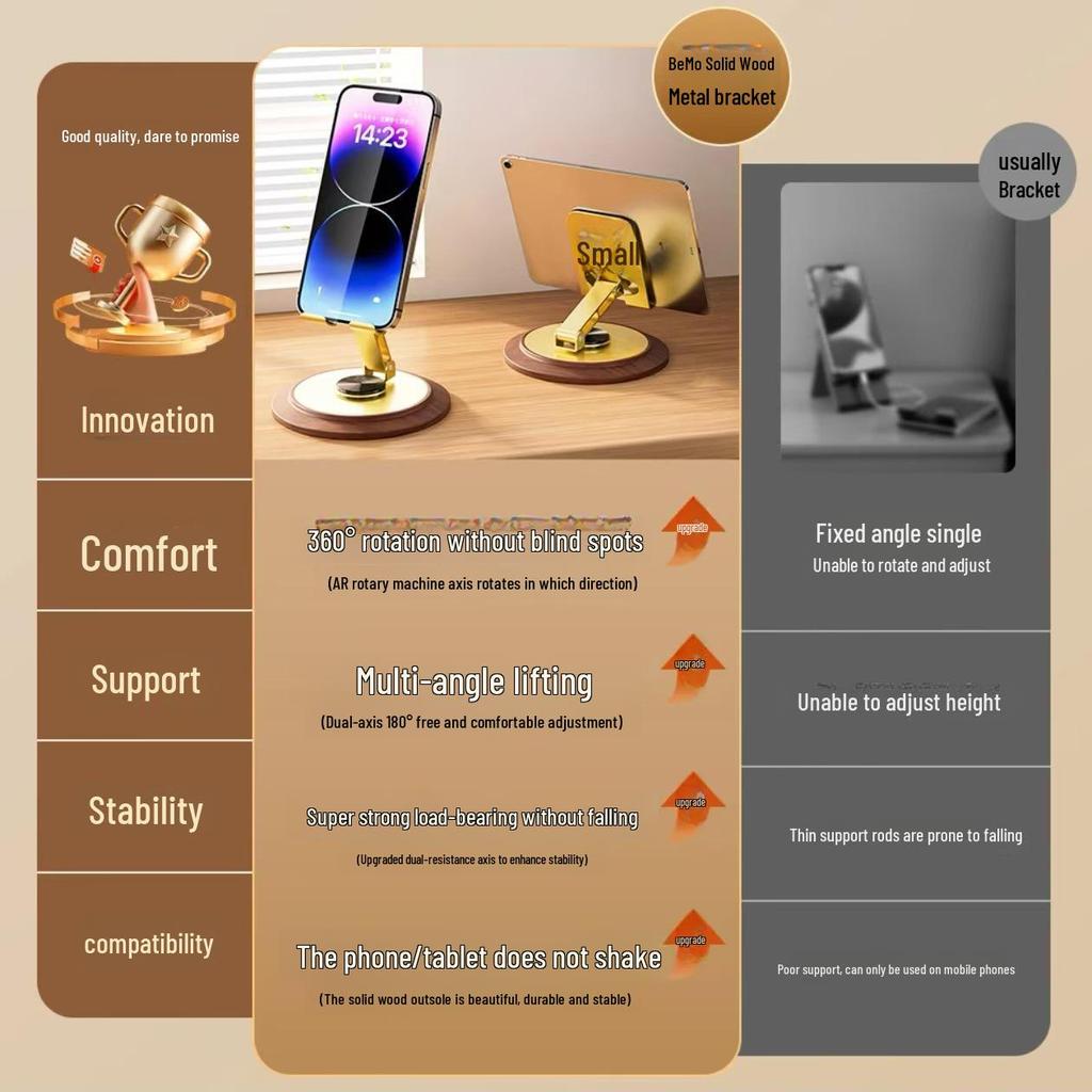 Luxury Gold Rotating Wooden Base Phone & Tablet Holder – Decompression Metal Design