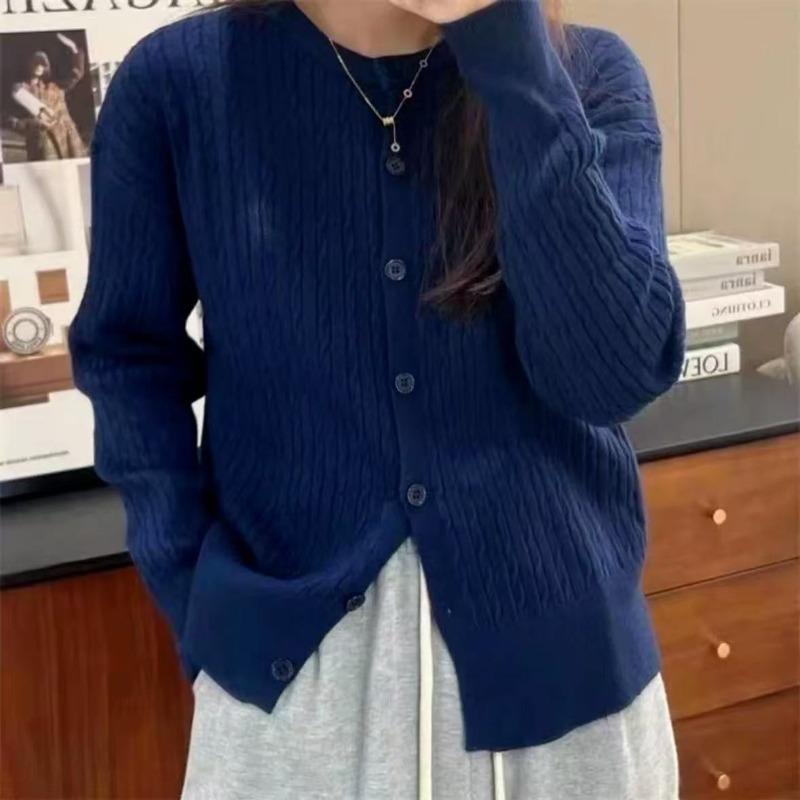 Early spring new simple round neck long sleeve twisted flower knitted wool cardigan temperament versatile small coat women's bottoming sweater