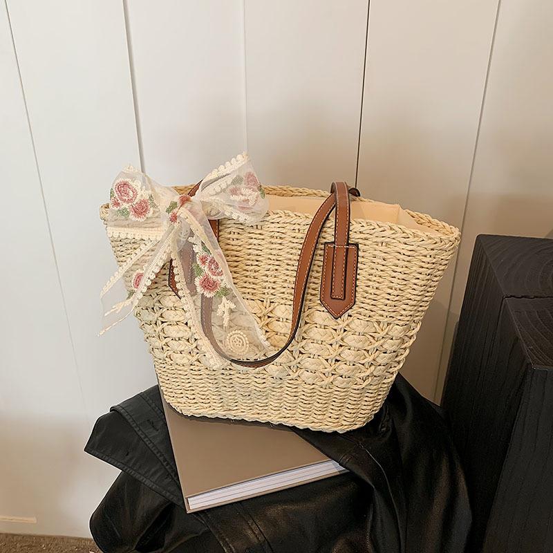 

Летние плетеные вручную соломенные пляжные сумки-тоут для женщин, винтажная сумка-корзина из ротанга, сумка на плечо для пляжа 27x13x26cm бежевый