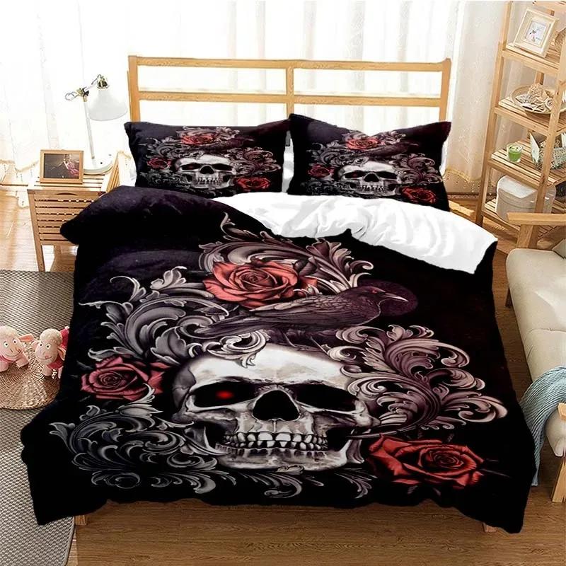 Socker Skalle Påslakanset Queen Size Blommor Skelett Sängkläder Dubbelt Sängklädesset Med Örngott King Size Skalle Täcke