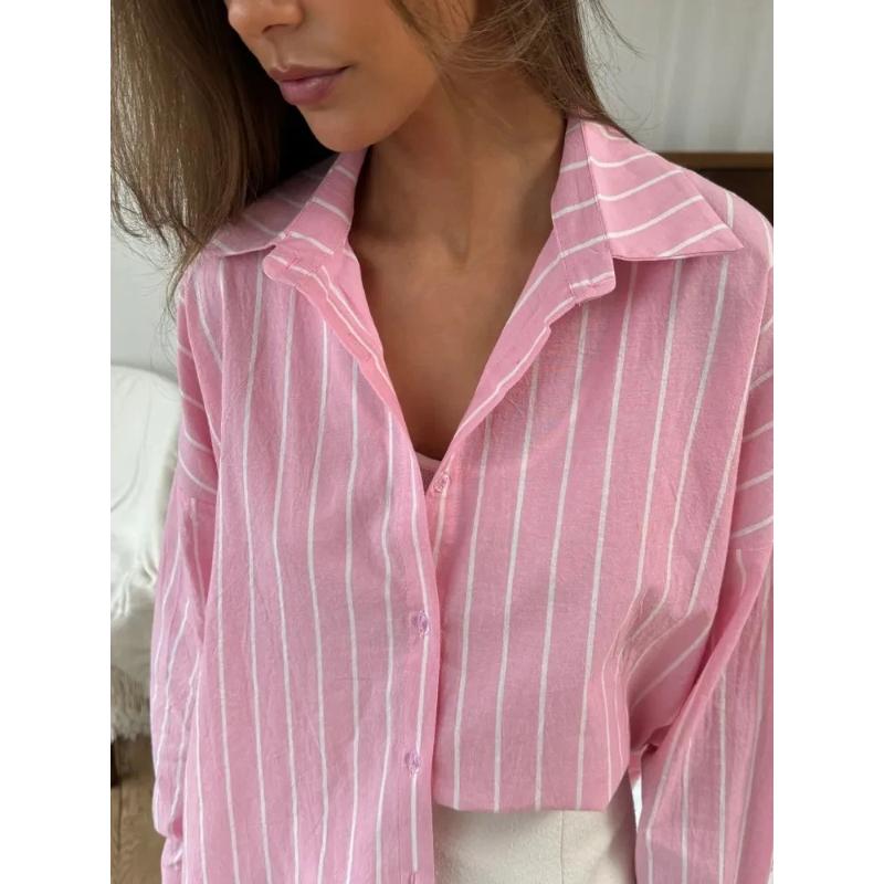 

Women s Shirt Lapel Long-sleeved Single-breasted Shirt Loose Casual Work Daily Top 3XL рожевий