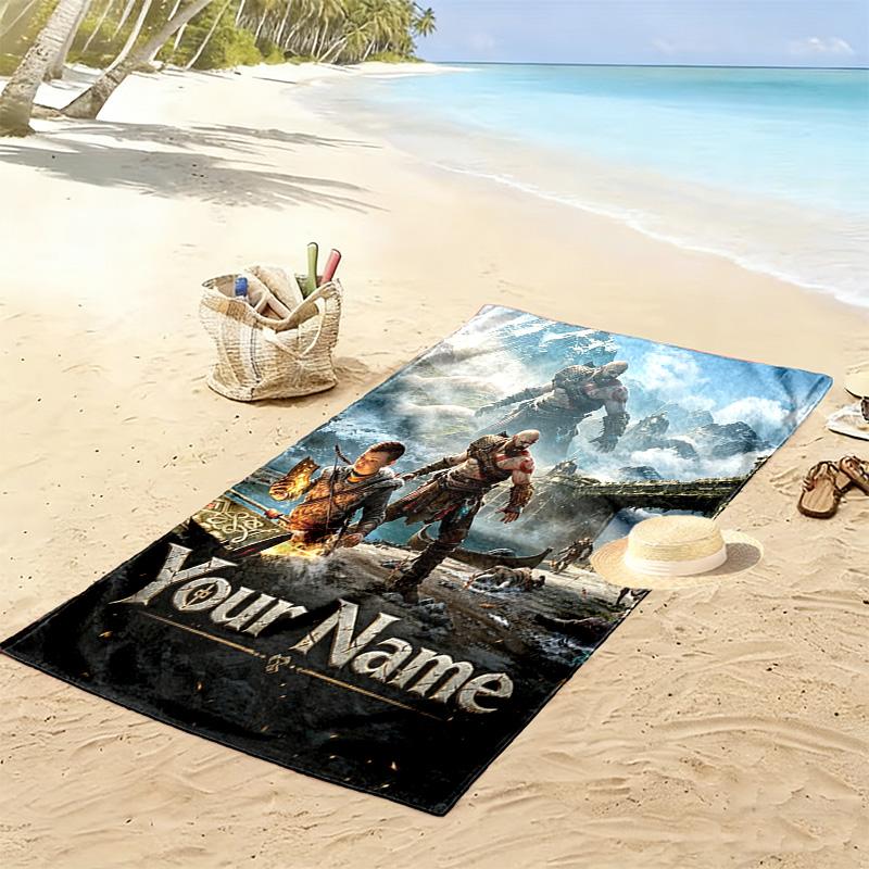 Name Custom Kratos God of War Print Beach Towel, Large Soft Quick Dry Towel for Beach Camping Swimming