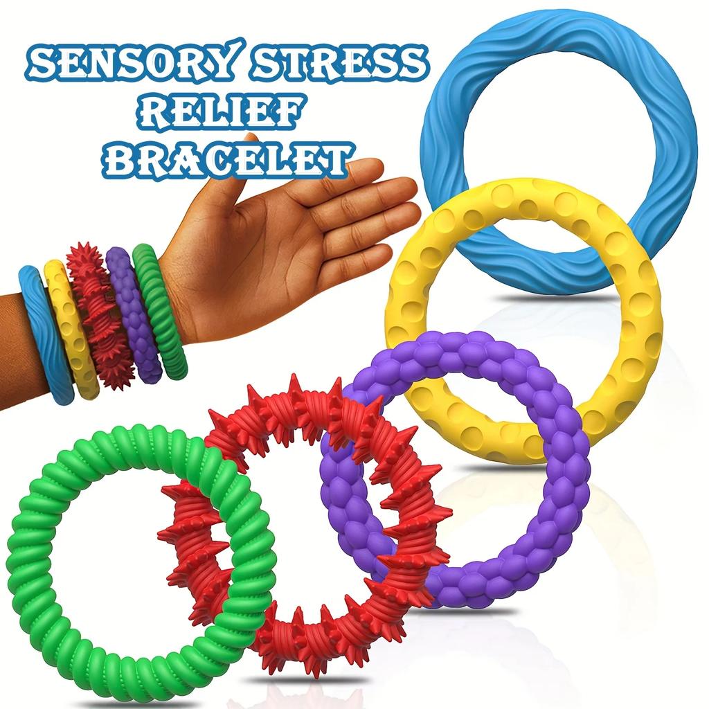 5/6/12Pcs Stress Relief Toy Silicone Bracelet Ring Stone Textured Sensory Fidget Toys for Adults Kids Autism Fidget Stress Toys