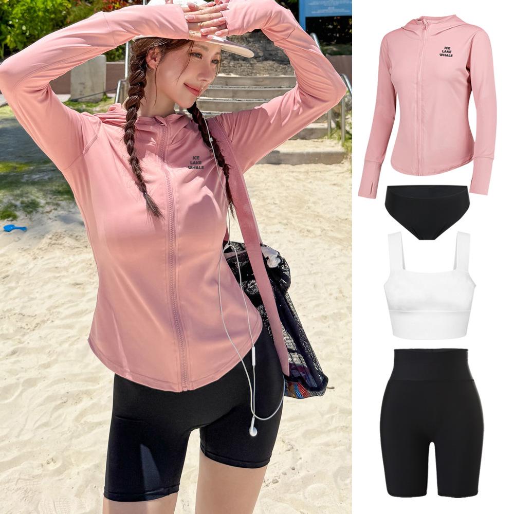 Women's 4-Piece Long Sleeve Hooded Swimsuit - Slimming, Sun-Protective, and Conservative for Beach & Hot Springs