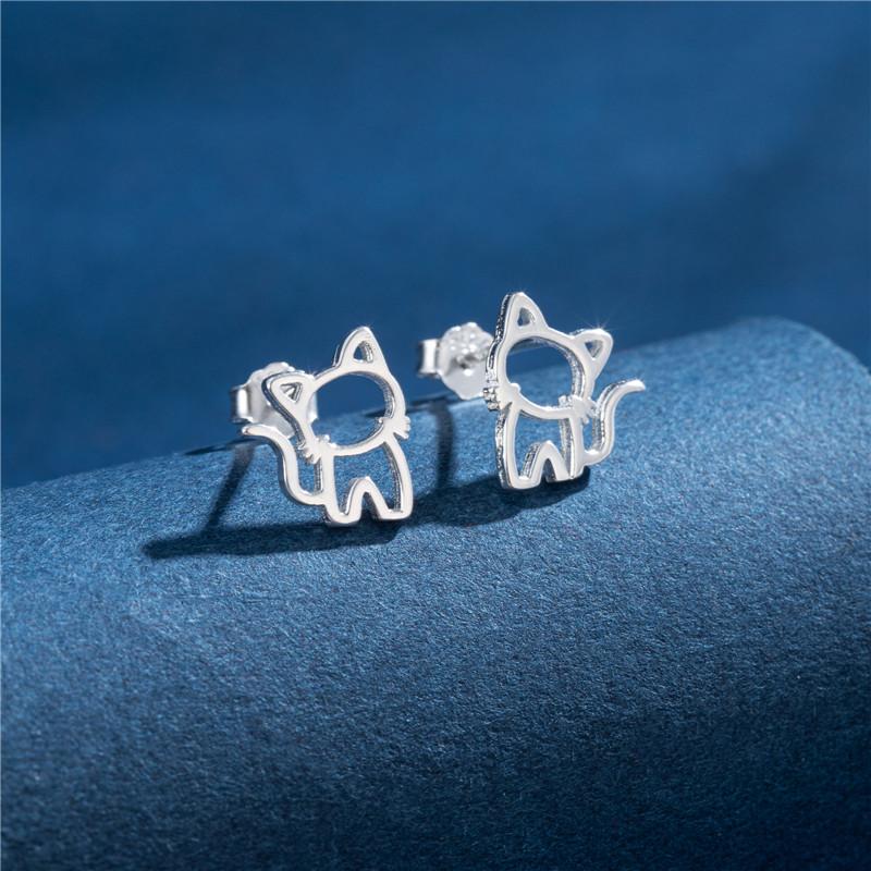 

925 Sterling copper Cartoon Happy Cat Earrings for Girls Birthday Zircon Minimalist Kitten Ear Cartilage Stud Korean Pendientes