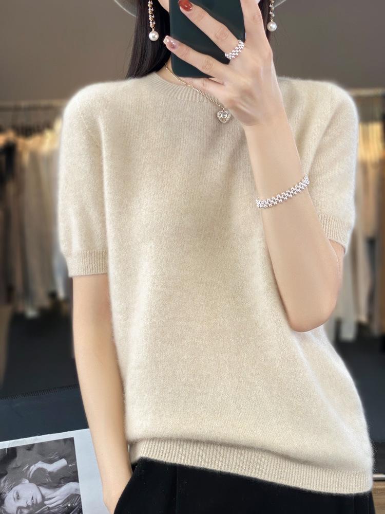 2024 Autumn/Winter Women's 100% Wool Round Neck Knit Top - Solid Color, Short Sleeve, Versatile Design
