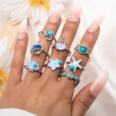 9pcs/set Vintage Crab Jellyfish Starfish Scallop Marine Life Dripping Oil Turquoise Ring