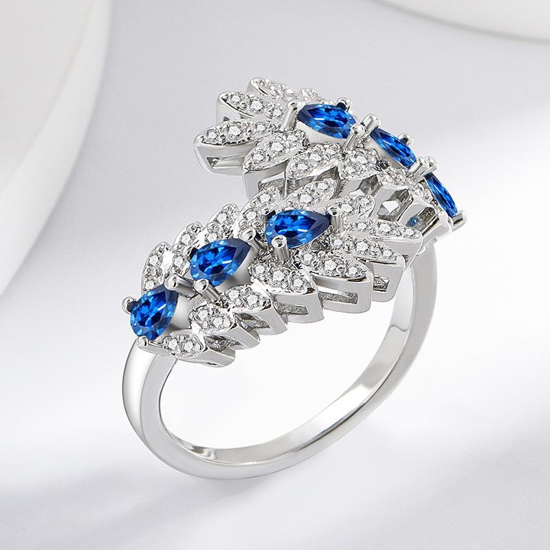925 Sterling Silver Fashion Versatile Blue Spinel Zircon Leaf Ring Birthday Party Anniversary Gift