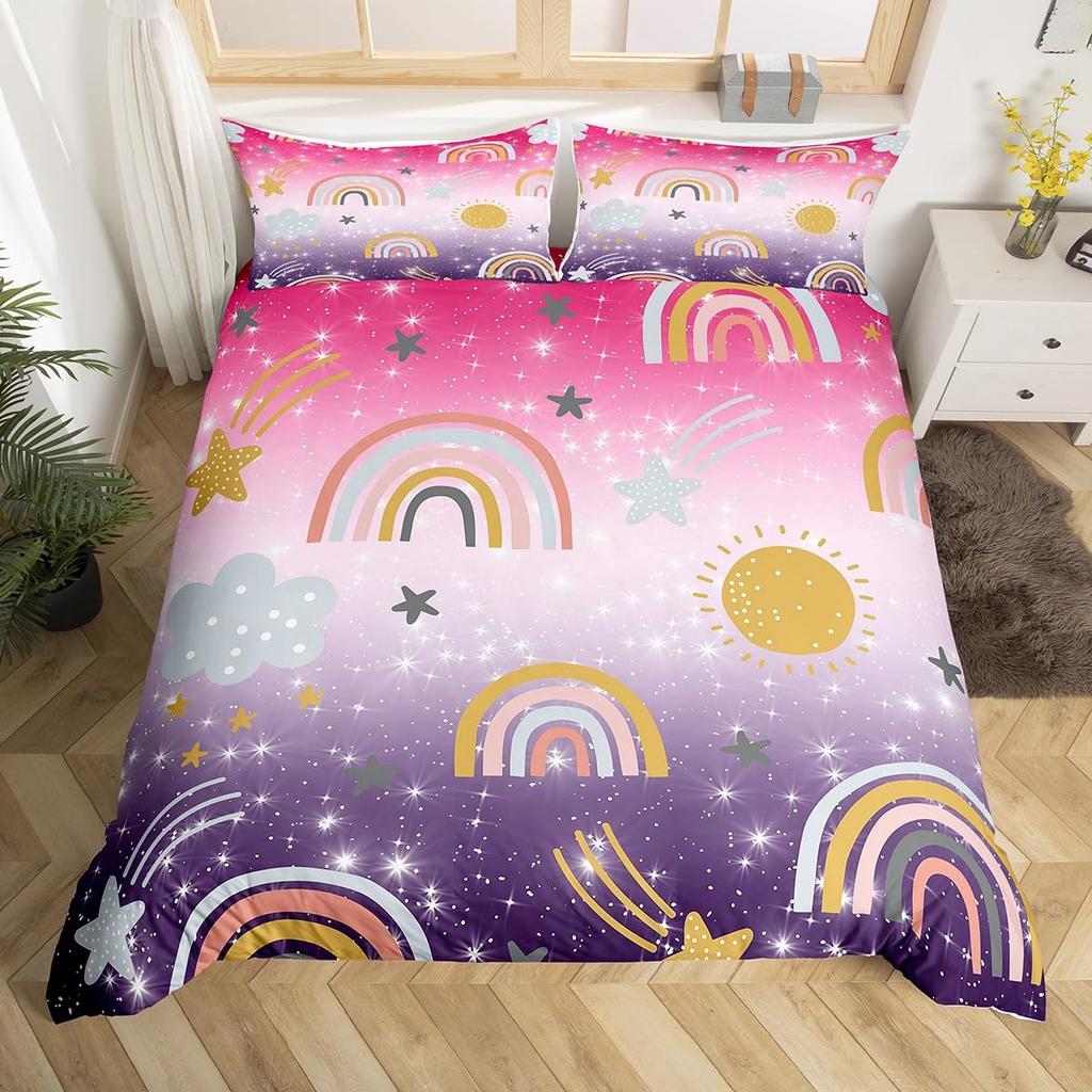 Rainbow Duvet Cover for Kids Girl Sweet Bedroom DecorQueen Tie Dye Pastel Comforter Cover Sparkle Galaxy Starry Sky Bedding Set