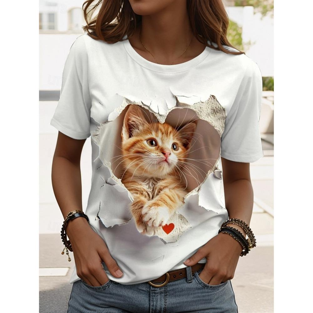 Women's Summer Cat Pattern T-shirt, Casual, Short Sleeve, Round Neck, Regular Top, Printed, Summer