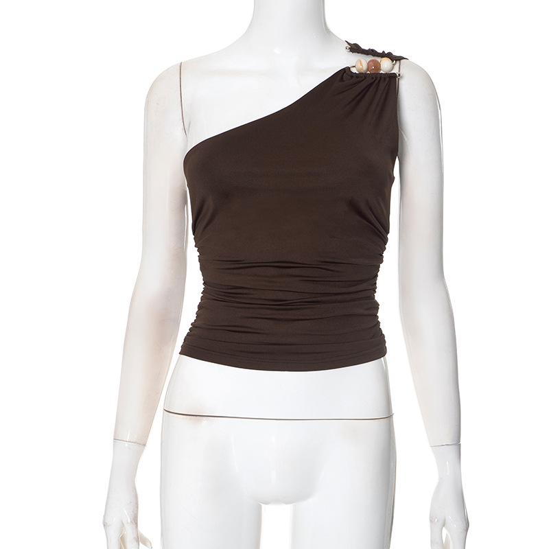 Fashion Summer One-Shoulder Sleeveless Women's Tank Tops 2026 Slim Fit Vest Brown Blouse Beaded Cropped Tanks Y2k Streetwear Top