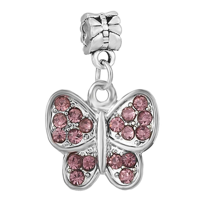 New Silver Plated Pink Diamond Butterfly Alloy Large Hole Charm Beads For DIY Bracelet Necklace Jewelry Accessories Gift