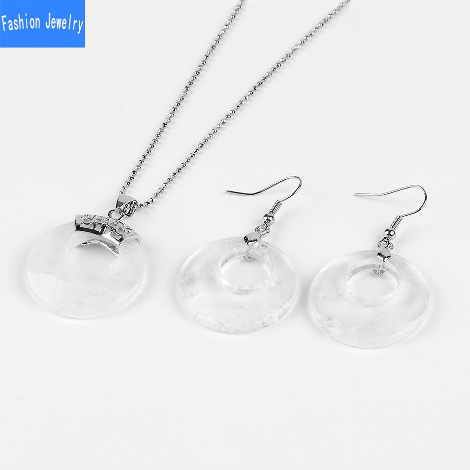 Damen Naturstein Hohl Konzentrisch Rund Set Blume Grün Weiß Kristall Tigerauge Stein Ohrring Halskette Set